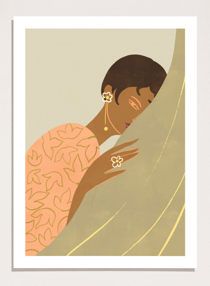 Illustration of a woman wrapped in a floral-patterned shawl with a neutral background. The Introvert by Arty Guava is a modern portrait illustration featuring a woman figure, soft color palette, contemporary wall art style, and officially licensed artwork.