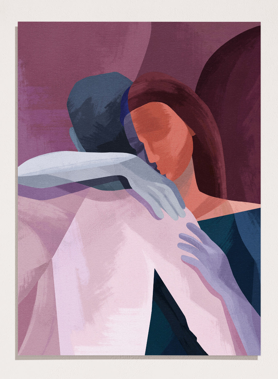 Artistic illustration of two people embracing with abstract background. In This Together by Goed Blauw is a modern abstract figure art print and wall poster featuring two people in an intimate embrace with layered soft colors.