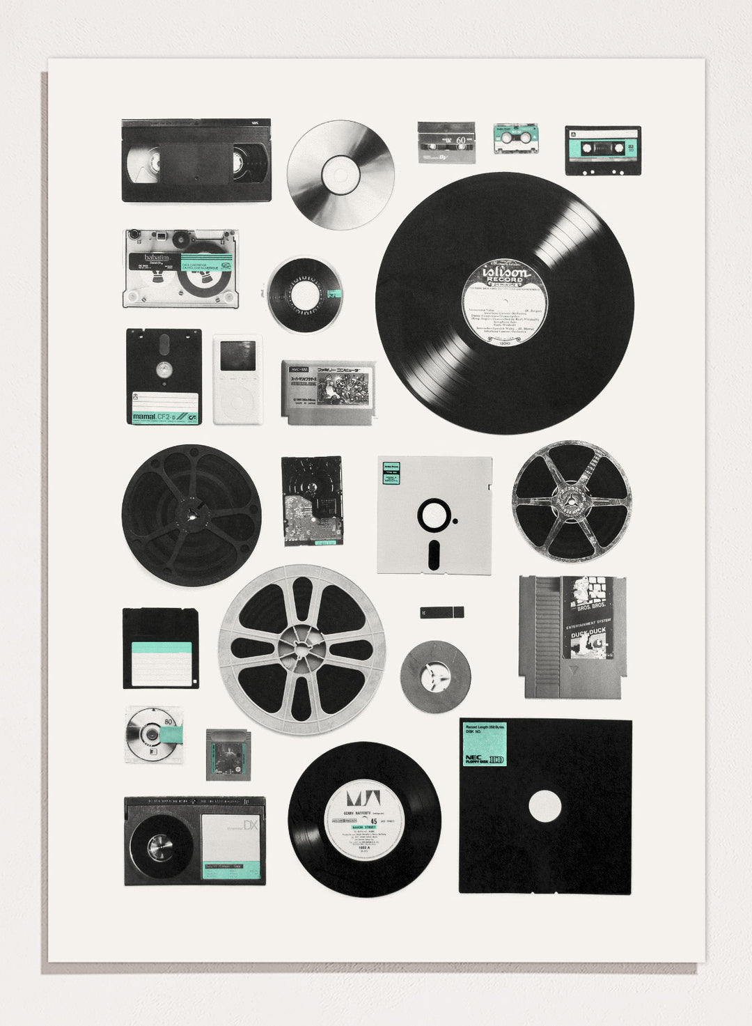 Collection of vintage audio and video equipment on a white background. Analog Digital Memories by Florent Bodart is a retro media art print featuring vinyl, cassette, and floppy disks, a modern wall poster exploring analog and digital design.