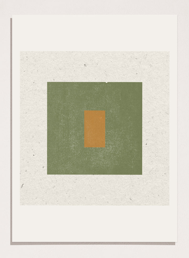 Abstract art with a green square and a smaller brown rectangle on a textured beige background. Minimalist Harmony by The MIUUS Studio is a minimalist abstract art print and wall poster featuring geometric shapes, neutral tones, and modern textured design.