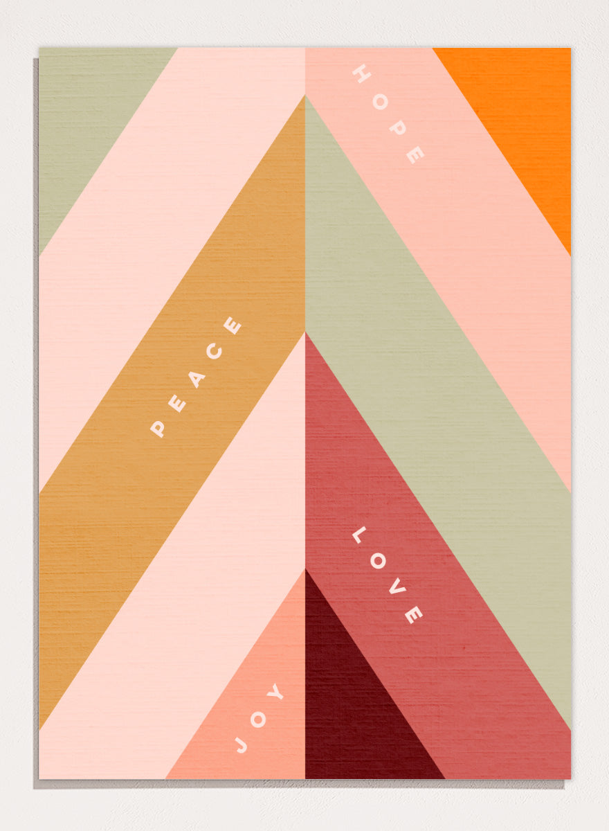Shop Hope Peace Love Joy by Dominique Vari, a retro holiday wall art print poster featuring geometric shapes, uplifting words, and warm pink, green, red, and ochre tones.