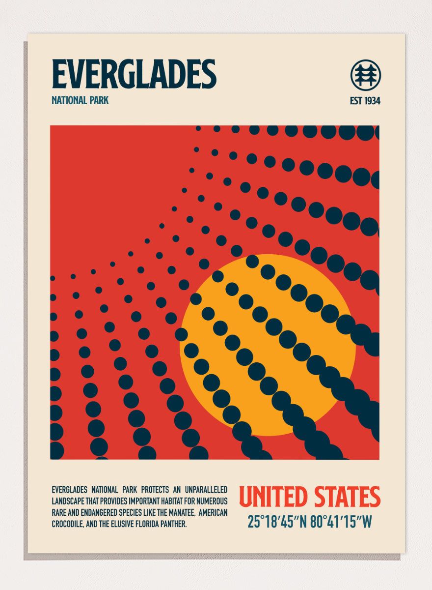A vintage-style travel poster for Everglades National Park, United States, featuring a bold red background, a large yellow circle, and dark blue dotted radial lines. The top reads &