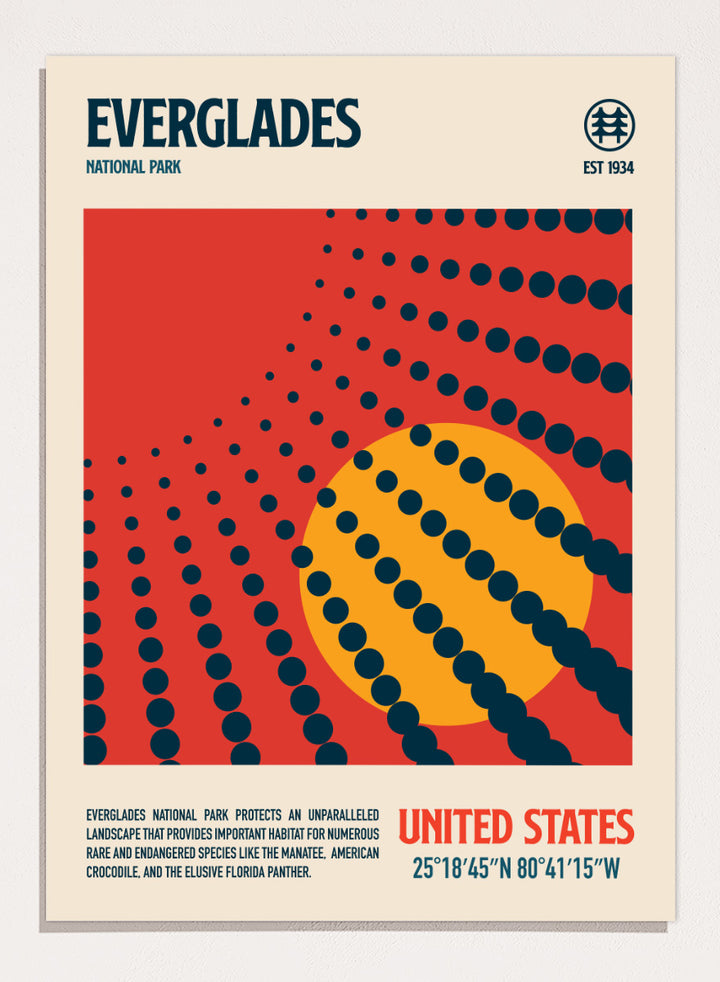 A vintage-style travel poster for Everglades National Park, United States, featuring a bold red background, a large yellow circle, and dark blue dotted radial lines. The top reads &