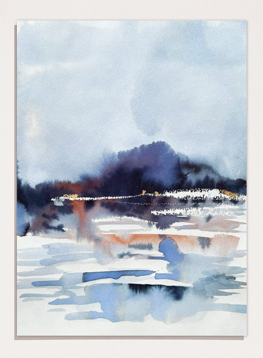 Shop Misty Mountain Lake by Helena Ryhle, a watercolor landscape wall art print poster featuring a misty lake, distant mountains, and atmospheric blue scenery.