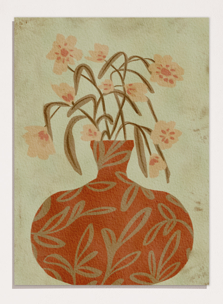 Shop Terracotta Vase Blossoms by Nikita Jariwala, a botanical wall art print featuring a terracotta vase, soft florals, and warm earthy rust and sage tones.