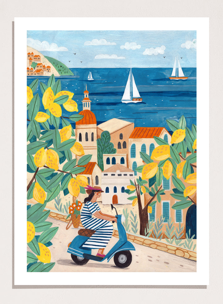 Illustration of a woman on a scooter with lemon trees and a coastal town in the background. Lemon Grove Scooter Ride by Caroline Bonne Müller summer coastal illustration art print with lemons, scooter and seaside town, colorful wall art poster
