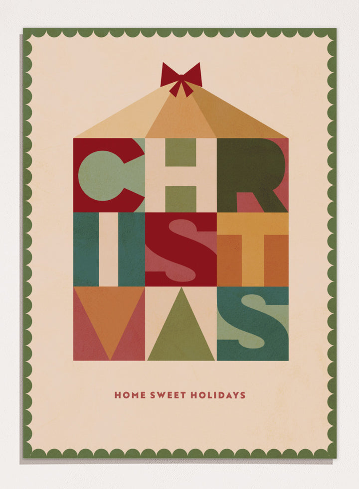 Shop Home Sweet Christmas by Dominique Vari, a retro holiday wall art print poster featuring geometric typography, a festive house, bow, and warm vintage colors.