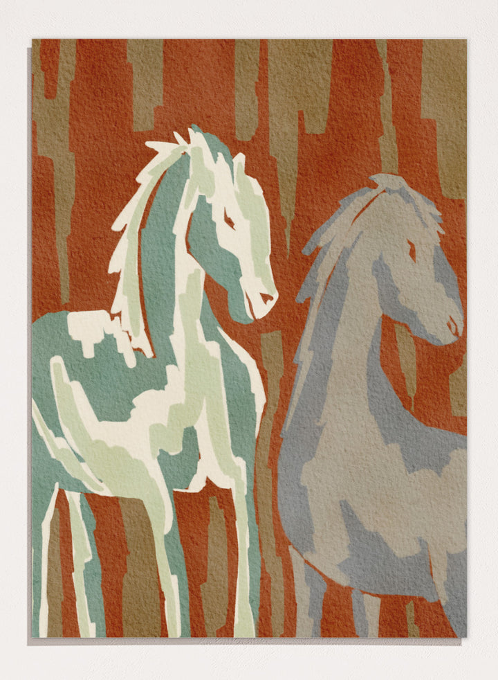 Shop Abstract Forest Horses by Nikita Jariwala, a modern horse wall art print featuring two abstract horses, woodland shapes, and earthy rust, sage, and beige tones.