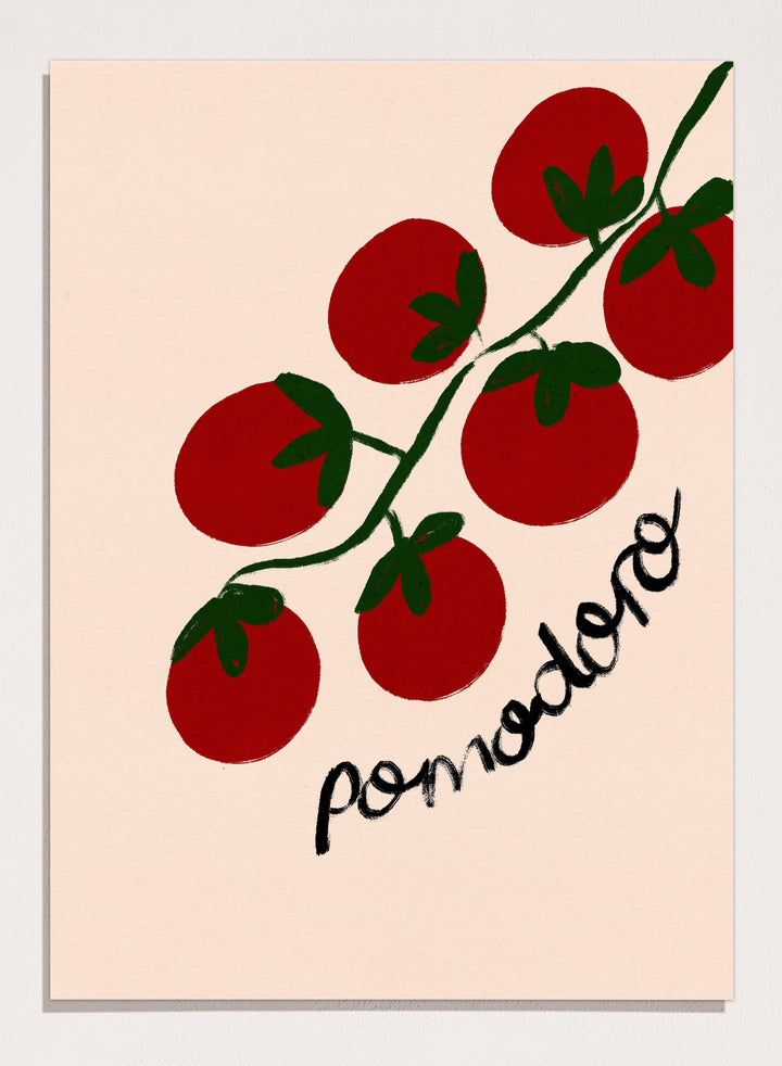 Illustration of red tomatoes on a branch with ' pomodoro' text on a beige background. Italian Pomodoro Tomatoes by Dirkie Nell is a contemporary food art print featuring hand painted red tomatoes, playful typography, and colorful Mediterranean inspired style.