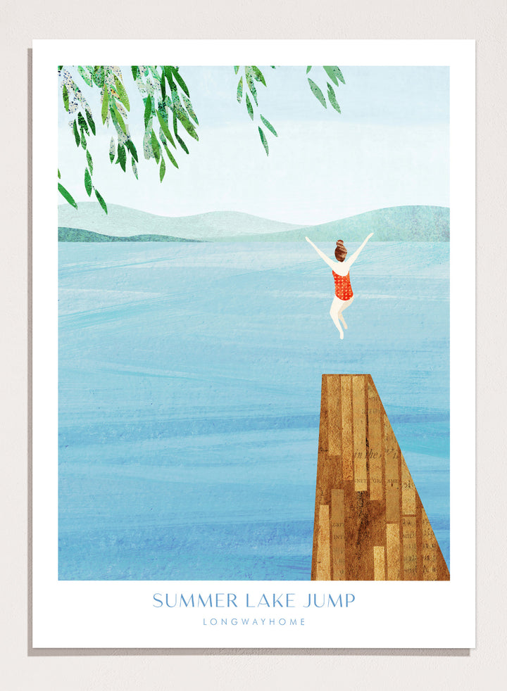Illustration of a person jumping into a lake from a dock with mountains in the background. Summer Lake Jump by Longwayhome is a minimalist summer lake art print featuring a dock jump scene, calm blue water, and modern travel inspired design.