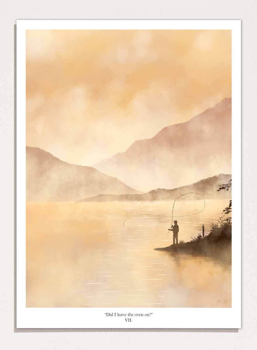 A framed art print featuring a serene landscape painting of a fisherman casting a line on a misty lake with mountains in the background, rendered in warm golden and beige tones. Shop Misty Lake Fisherman by Jake Waldron, a minimalist fishing wall art print featuring a lone angler, mountain lake, golden mist, and outdoor adventure.