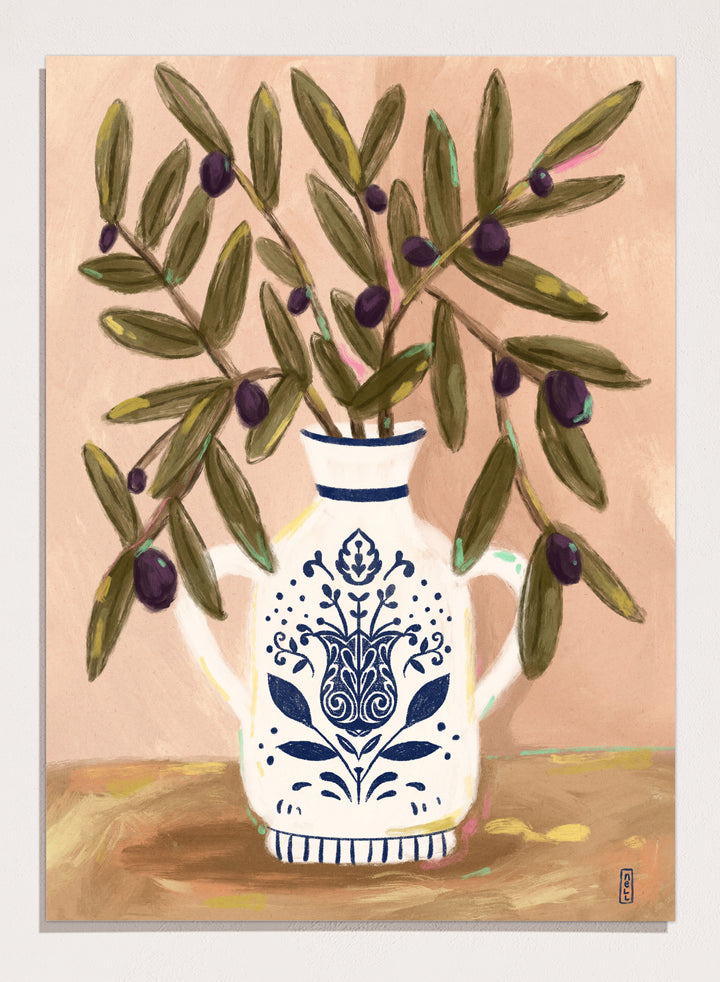Olive Branches In a Pot by Dirkie Nell is a modern botanical art print featuring olive branches, ceramic vase illustration, and Mediterranean inspired wall art.