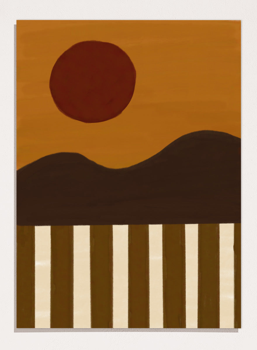 A minimalist abstract landscape art print featuring a dark brown sun over a wavy horizon, with vertical brown and cream stripes at the bottom. Minimalist Desert Sun by The Art Concept landscape art print featuring a red sun, dark rolling hills, warm ochre tones, and bold vertical stripes.