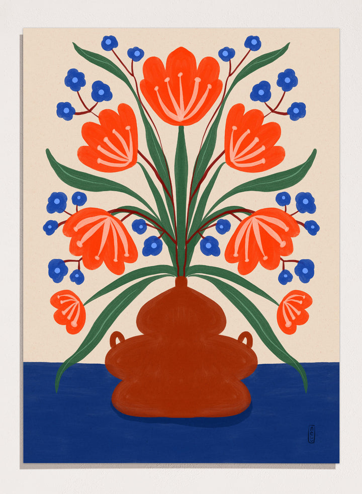 Vibrant Floral Terracotta Vase by Dirkie Nell is a colorful floral art print featuring bold orange flowers, folk inspired illustration, Mediterranean decor, and modern botanical wall art.