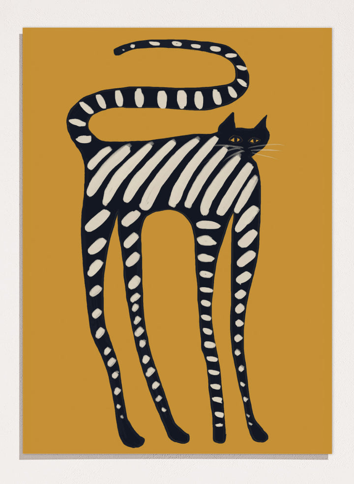 A stylized art print of a cat with black and white stripes on a mustard yellow background. Elegant Striped Cat by The Art Concept playful cat art print featuring a long black cat with cream stripes and an oversized curved tail on mustard yellow.
