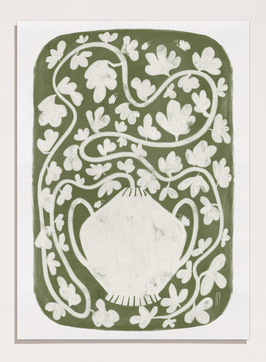 Winding Botanical Vase by Dirkie Nell is a modern folk art print featuring botanical vines, olive green tones, and hand drawn Scandinavian inspired wall art.