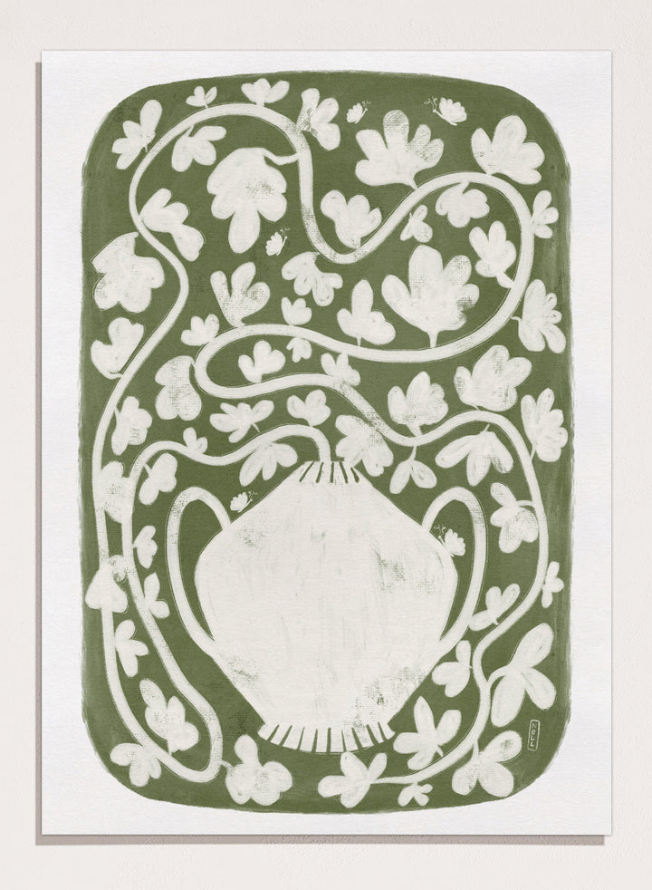 Winding Botanical Vase by Dirkie Nell is a modern folk art print featuring botanical vines, olive green tones, and hand drawn Scandinavian inspired wall art.