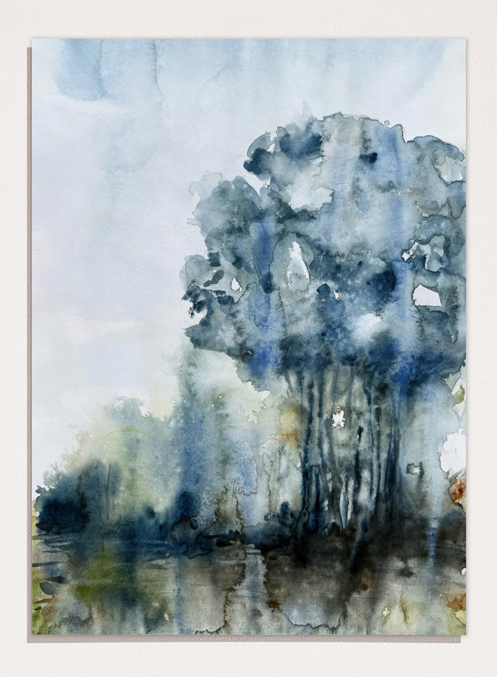 Shop Serene Forest Reflection by Helena Ryhle, a watercolor forest landscape wall art print poster with reflective water and a calm blue-toned mood.