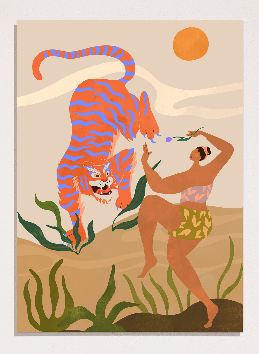 Illustration of a tiger and a person in a natural setting with plants and a sun. Dance with Me by Arty Guava is a colorful contemporary art print featuring a dancing woman, playful tiger, tropical motifs, and whimsical modern illustration.