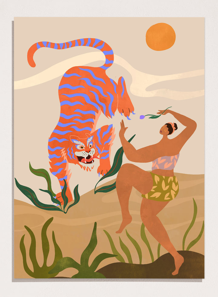 Illustration of a tiger and a person in a natural setting with plants and a sun. Dance with Me by Arty Guava is a colorful contemporary art print featuring a dancing woman, playful tiger, tropical motifs, and whimsical modern illustration.