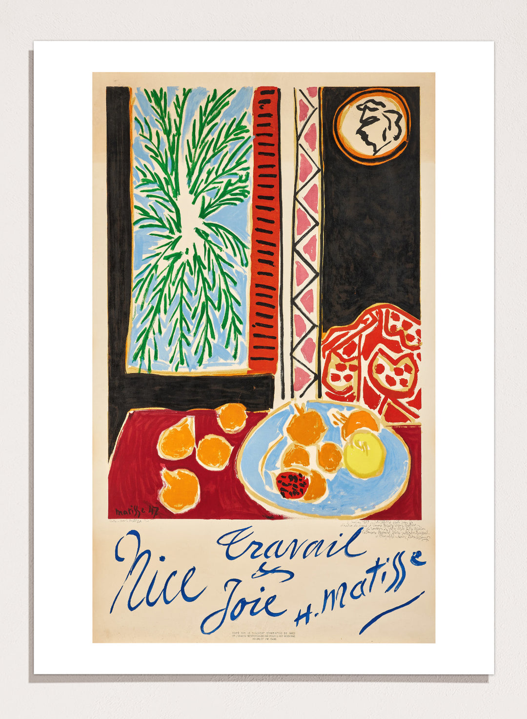 Colorful artwork with a table setting, oranges, and abstract elements on a beige background. Nice, Travail et Joie by Henri Matisse is a colorful 1947 art print featuring Mediterranean interiors, expressive linework, fruit still life details, and modern French design.
