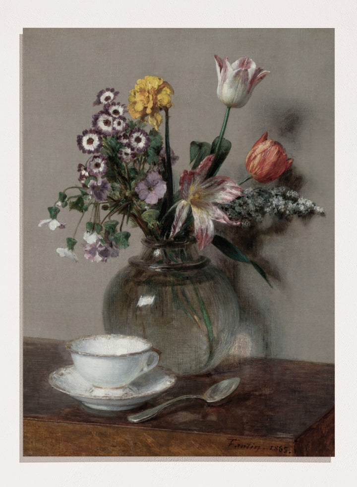 Shop Still Life with a Cup of Coffee by Henri Fantin-Latour, a vintage floral wall art print poster featuring a coffee cup and bouquet in soft brown tones.