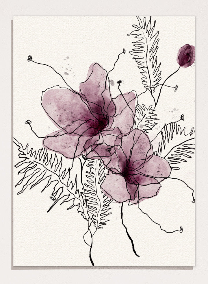 Abstract floral art print featuring two translucent mauve-purple watercolor flower shapes with black line-drawn stems and fern-like leaves on a textured off-white background. Shop Delicate Botanical Outline by Ankie Kooi, a floral wall art print poster with purple watercolor flowers, botanical line art, fern leaves, and cream tones.