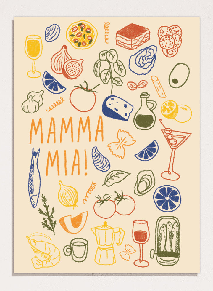 A framed art print featuring a cream-colored background decorated with hand-drawn, colorful Italian-themed illustrations, including pasta, pizza, wine, tomatoes, and a coffee maker, with the text &