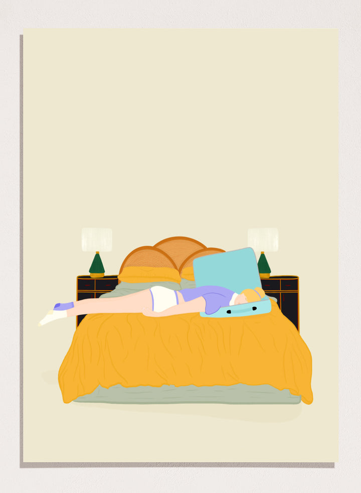 Illustration of a person lying in bed with a blue pillow and yellow blanket on a beige background. Digital Nomad by Jota de Jai is a calm modern art print of a woman resting on a bed with an open suitcase, officially licensed fine art wall poster with framing available.