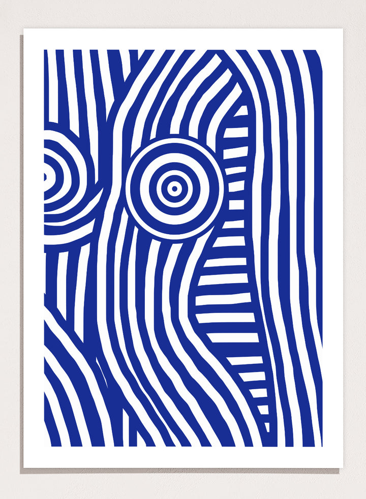Abstract design with blue and white concentric circles on a white background. Blue and White Striped Figure by Little Dean abstract optical illusion art print featuring striped body form, modern graphic pattern illustration wall art poster.