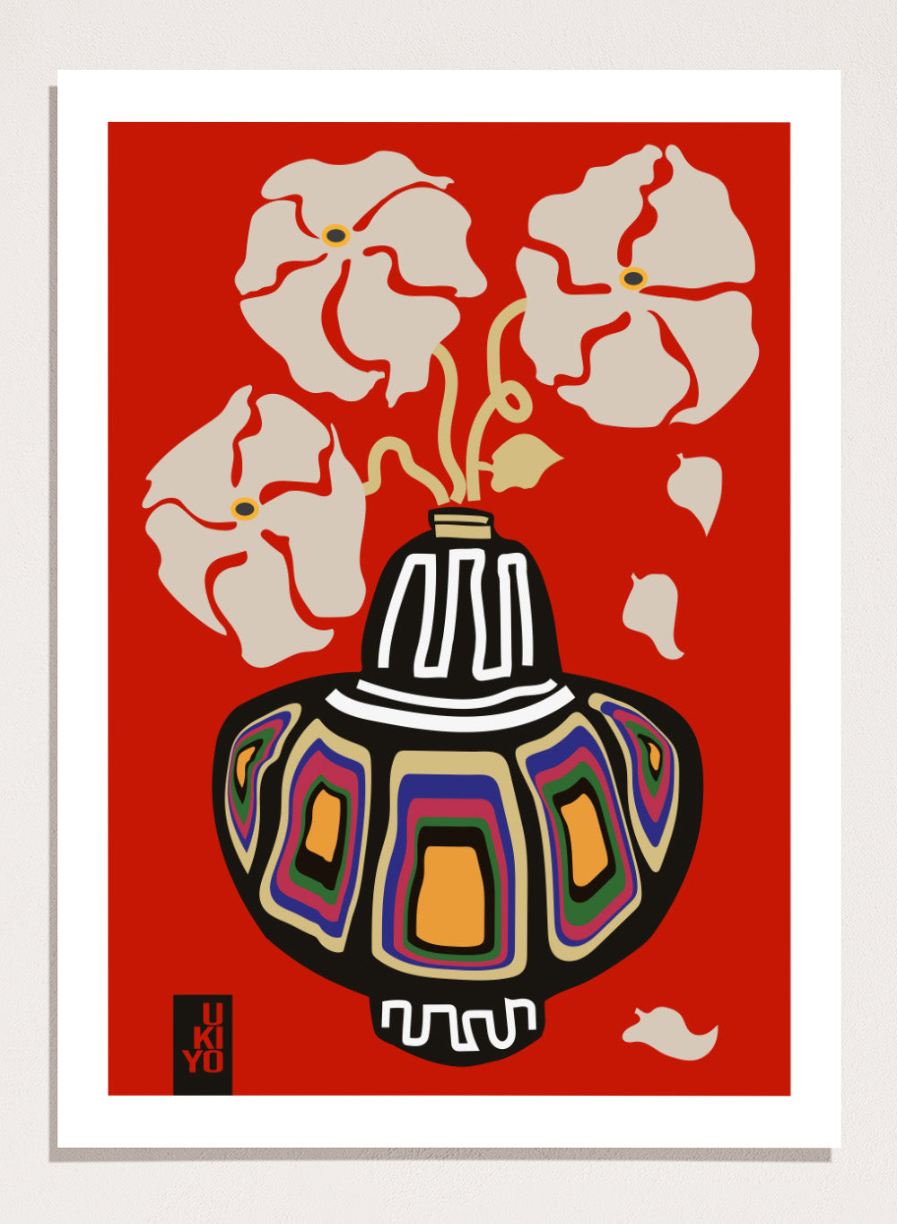 Decorative vase with colorful patterns on a red background. Ukiyo Vase Flower Rainbow Red by Frances Collett art print featuring a colorful patterned vase with cream flowers on a red background. Officially licensed wall poster with optional framing.