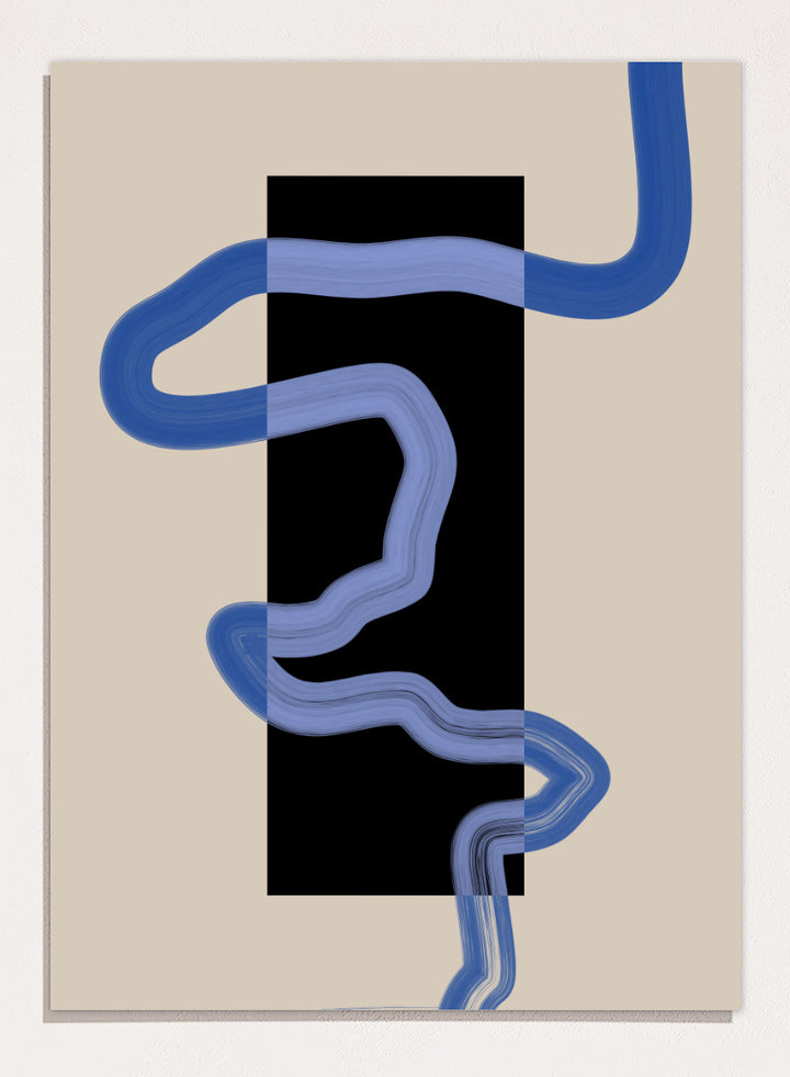 Shop Flowing Blue Lines Rectangle by Elena Ristova, a modern abstract wall art print poster with painted blue lines, a black rectangle, and cream tones.
