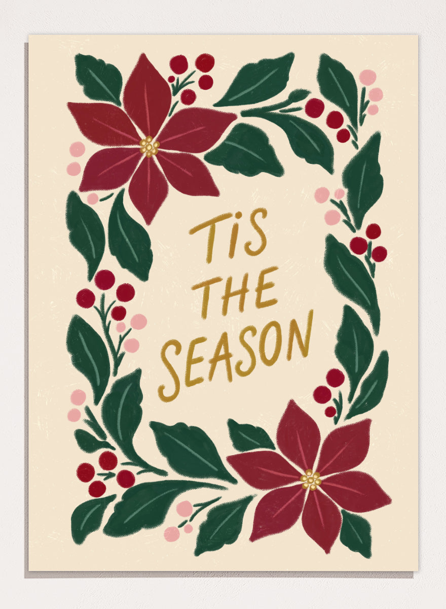 Shop Tis The Season Wreath by Katarzyna Gąsiorowska, a Christmas wall art print poster featuring poinsettias, berries, greenery, and festive holiday lettering.