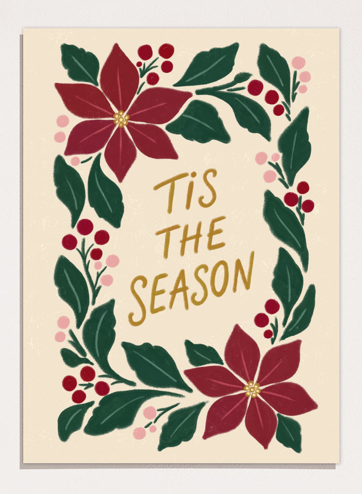 Shop Tis The Season Wreath by Katarzyna Gąsiorowska, a Christmas wall art print poster featuring poinsettias, berries, greenery, and festive holiday lettering.