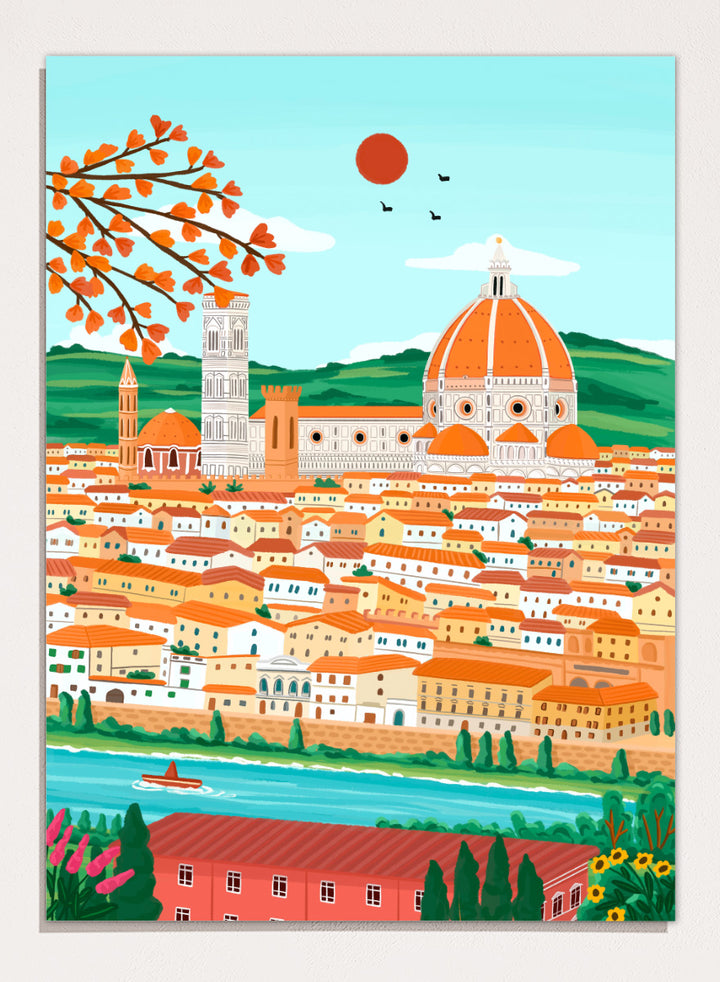 A colorful illustrated cityscape of Florence with the famous dome, towers, clustered buildings, a river, trees, and a red sun in the sky. Shop Florence Autumn Glow by Nidhi Kachhadiya, a colorful Florence wall art print featuring the Duomo, terracotta rooftops, autumn leaves, and warm orange tones.