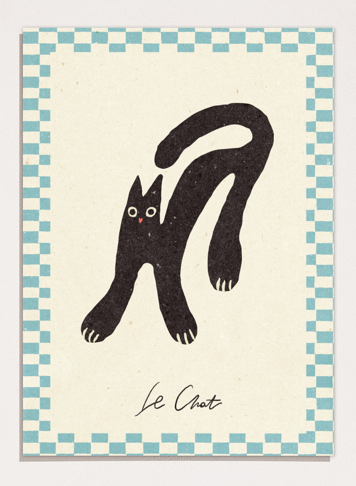 Shop Le Chat by NKTN, a playful black cat wall art print poster featuring a quirky stretched cat, checkerboard border, and vintage-inspired graphic style.