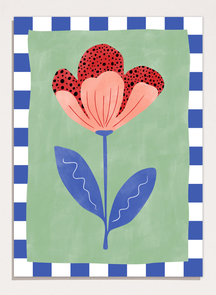 Shop Playful Red Bloom by Elena Ristova, a floral wall art print poster with a red flower, blue leaves, mint green background, and check border.