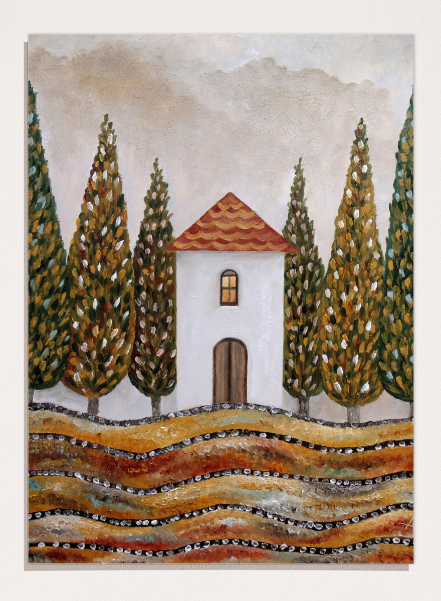 A stylized landscape painting of a small white house with a red-orange tiled roof, surrounded by tall green and gold trees, with wavy golden fields in the foreground. Shop Tuscan Cypress House by Angeles M. Pomata, an autumn landscape art print featuring a white country house, tall cypress trees, terracotta roof, and warm earthy tones.