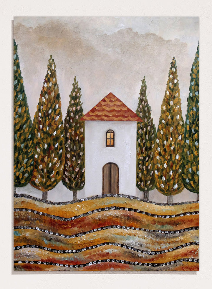 A stylized landscape painting of a small white house with a red-orange tiled roof, surrounded by tall green and gold trees, with wavy golden fields in the foreground. Shop Tuscan Cypress House by Angeles M. Pomata, an autumn landscape art print featuring a white country house, tall cypress trees, terracotta roof, and warm earthy tones.