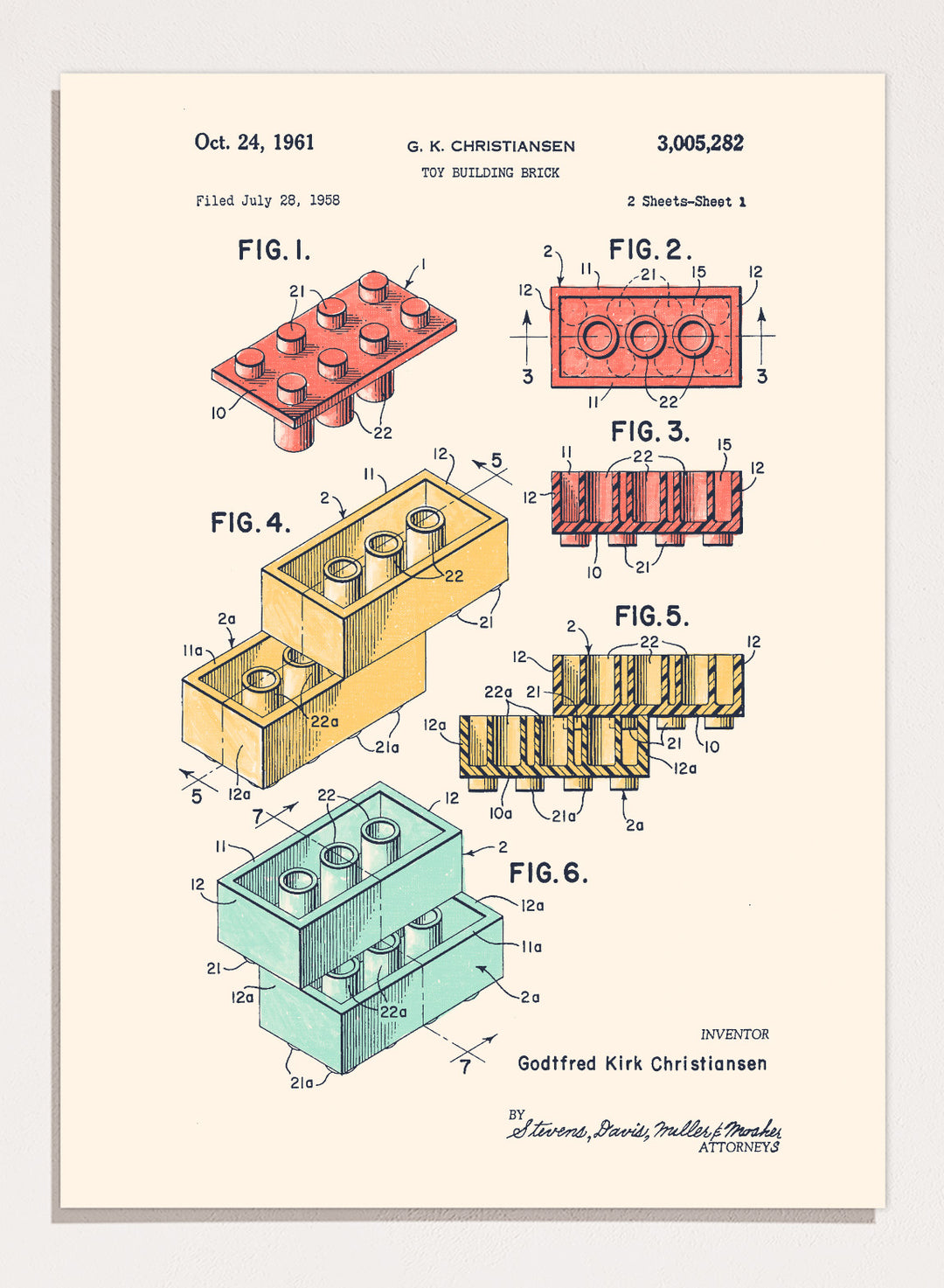 Toy building brick patent illustration with labeled figures on a white background. Historic Building Brick Patent by Florent Bodart is a vintage patent art print featuring toy brick diagrams, a technical drawing wall poster with retro industrial style.