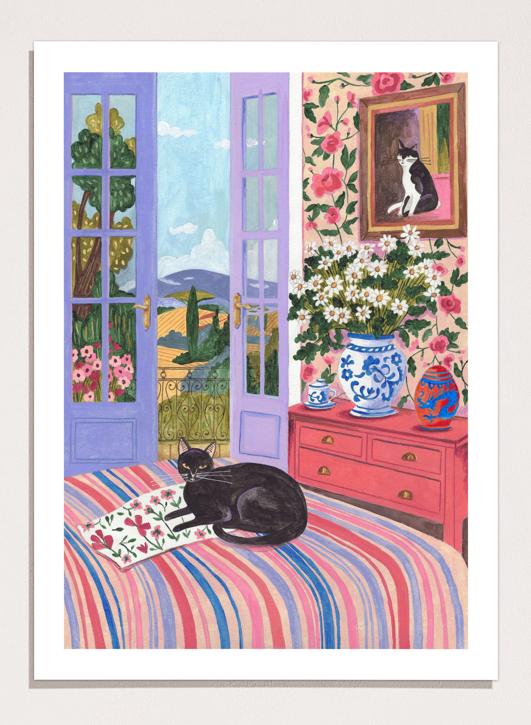 Cat lounging on a striped bed with a view of a garden through open doors, surrounded by flowers and decorative items. Black Cat on Bed French Doors Garden View by Caroline Bonne Müller is a colorful interior art print featuring cat illustration, floral room, and scenic garden view in a modern aesthetic style.
