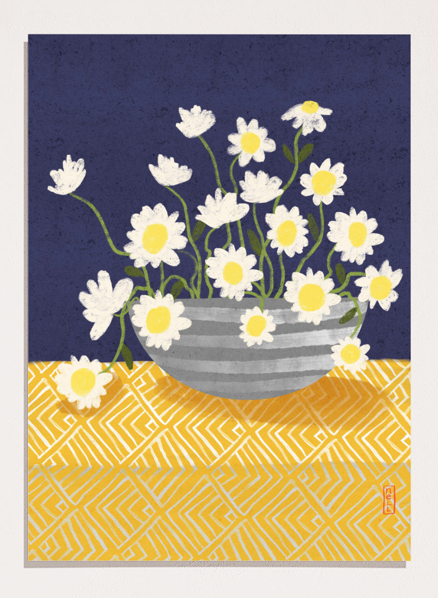 A stylized floral still life artwork showing white daisies with yellow centers in a gray striped bowl, set against a dark navy background and a yellow patterned surface. Shop Cheerful Daisy Arrangement by Dirkie Nell, a colorful floral art print featuring white daisies, a striped vase, navy blue background, and mustard yellow pattern.