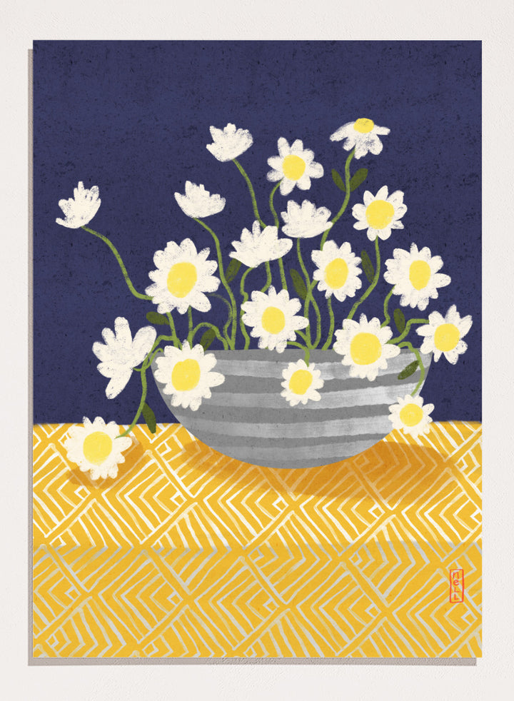 A stylized floral still life artwork showing white daisies with yellow centers in a gray striped bowl, set against a dark navy background and a yellow patterned surface. Shop Cheerful Daisy Arrangement by Dirkie Nell, a colorful floral art print featuring white daisies, a striped vase, navy blue background, and mustard yellow pattern.