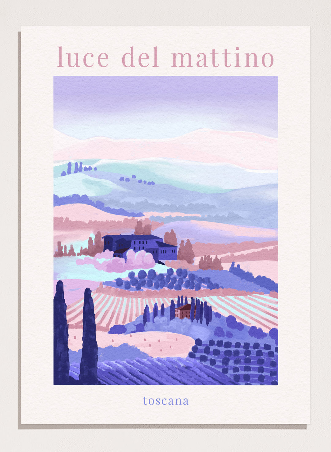 Artistic depiction of a Tuscan landscape with rolling hills and a farmhouse, labeled 'luce del mattino toscana'. Tuscany Morning by Goed Blauw is a landscape art print and wall poster featuring rolling hills, fields, and houses in soft pastel tones inspired by the Italian countryside.