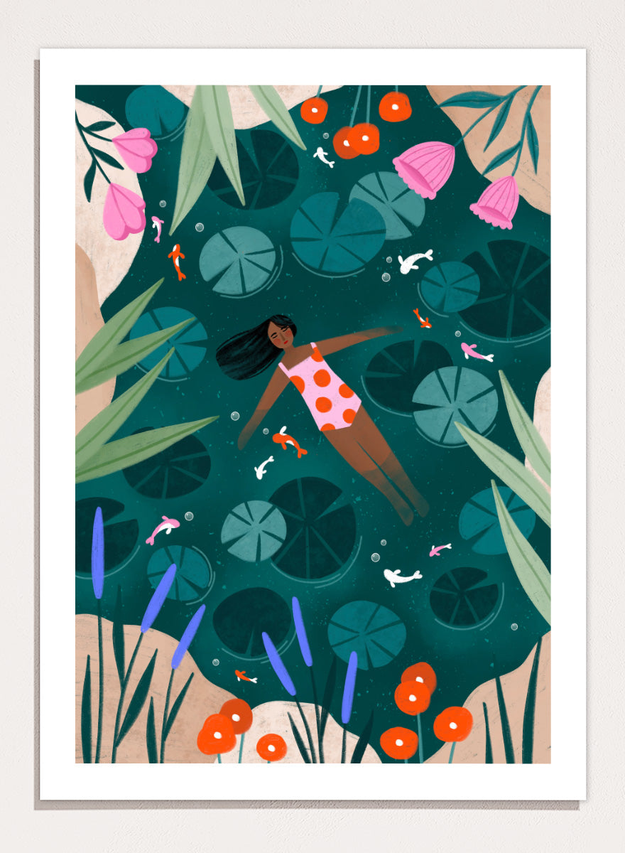 Shop Woman Floating Lily Pond by Bea Müller, a figurative wall art print poster featuring a woman floating among lily pads, flowers, and colorful fish in deep green water.