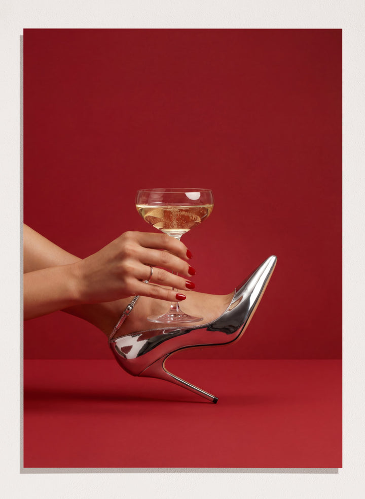 High-heeled shoe holding a glass of white wine against a red background, High Heels and Champagne by Andreas Magnusson is a fashion illustration art print featuring high heels, champagne glass imagery, bold red tones, and modern contemporary wall art style.