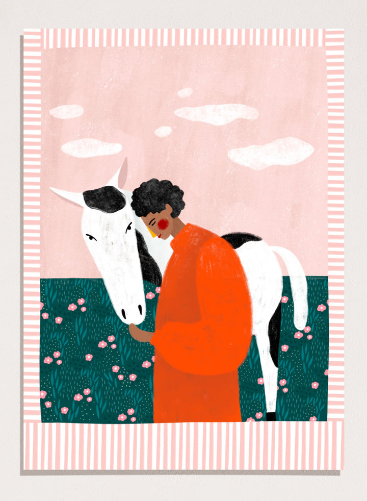 Illustration of a person in an orange outfit hugging a white horse against a pink background with clouds. Vibrant Girl and Horse by Bea Müller is a colorful girl and horse art print featuring modern expressive illustration. Officially licensed wall poster with optional framing.