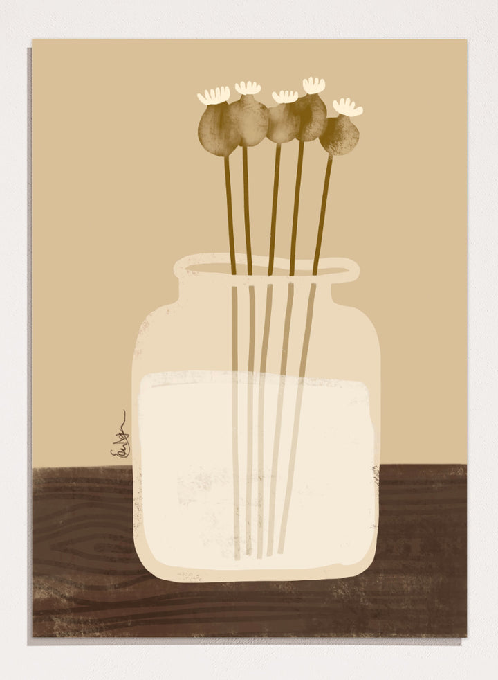 A minimalist art print depicting a clear glass jar filled with white flowers on a dark brown wooden surface against a warm beige background. Shop Rustic Poppy Still Life by Elsa Nätterdal, a botanical still life art print featuring dried poppy pods, a cream vase, and warm earthy tones.
