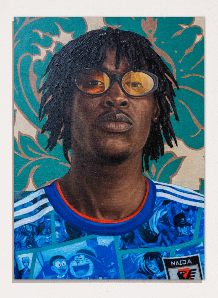 A portrait painting of a Black man with dreadlocks and round glasses, wearing a blue patterned shirt with white stripes and a red collar, set against a teal and beige floral background. Shop Stylish Man in Anime Jersey by Damilare Jamiu, a contemporary portrait art print blending anime fashion, bold blue color, amber glasses, and ornate pattern.