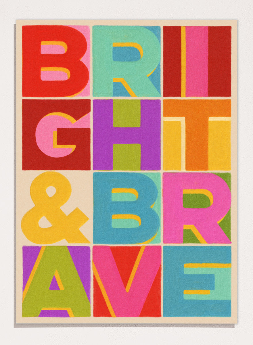 Shop Bright and Brave Letters by Dominique Vari, a colorful typography wall art print poster featuring bold retro lettering in pink, red, blue, green, and yellow.